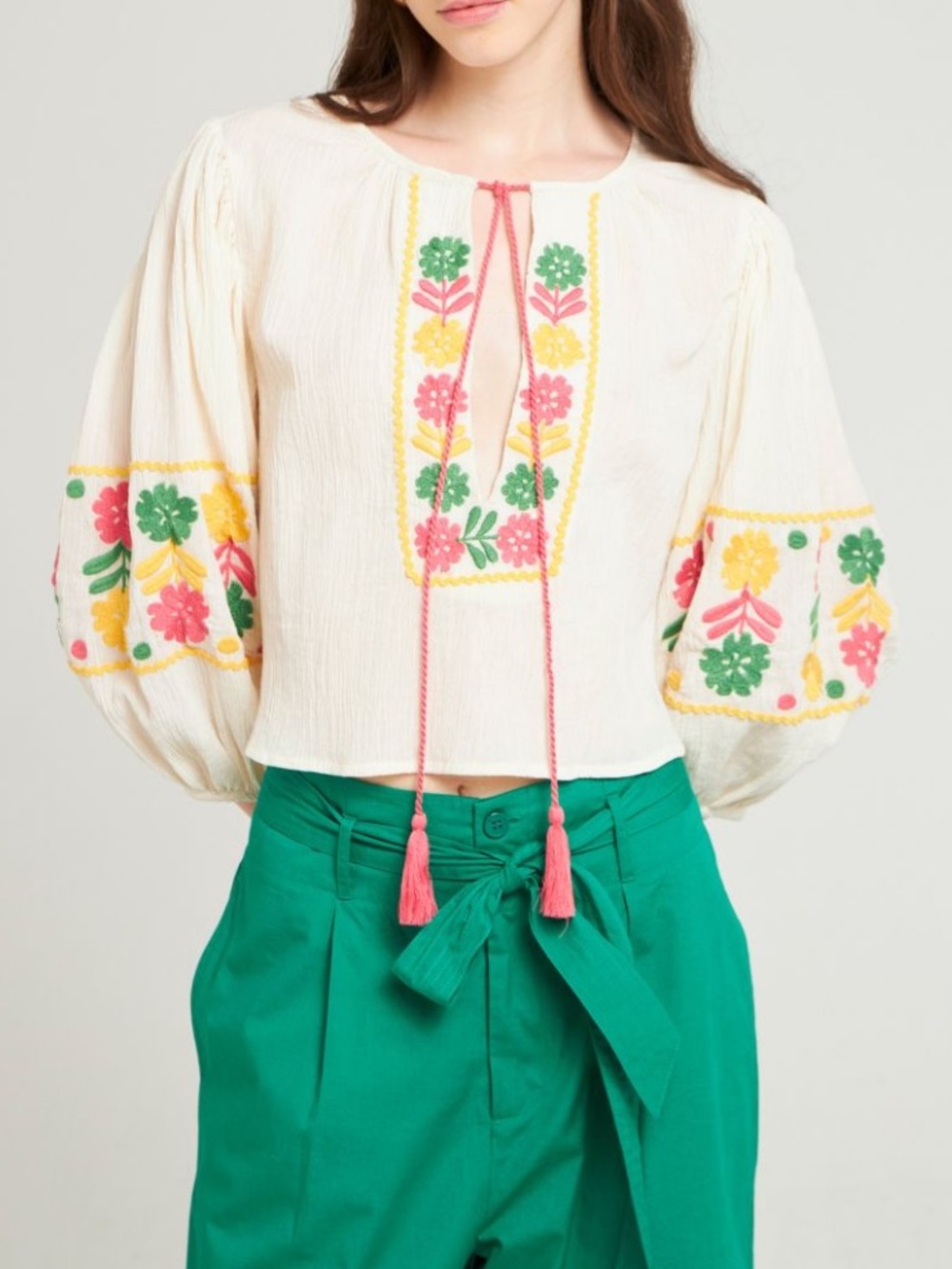 Antik Kraft Cream Peasant Blouse with Pink, Green & Yellow Embroidery